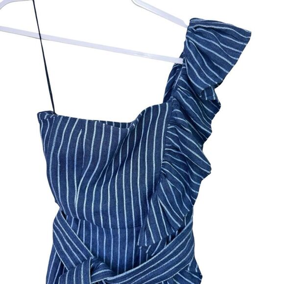 NEW Alexis Konner Striped One Shoulder Ruffle Denim Blue Mini Dress XS - Picture 6 of 10